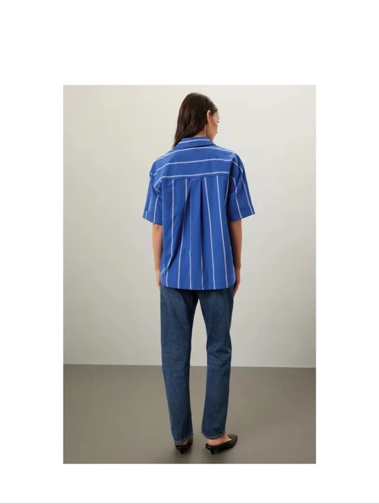 MADEWELL Blue Striped Boxy Cotton Button Up Collared Neckline Shirt Size Xl - Picture 2 of 16